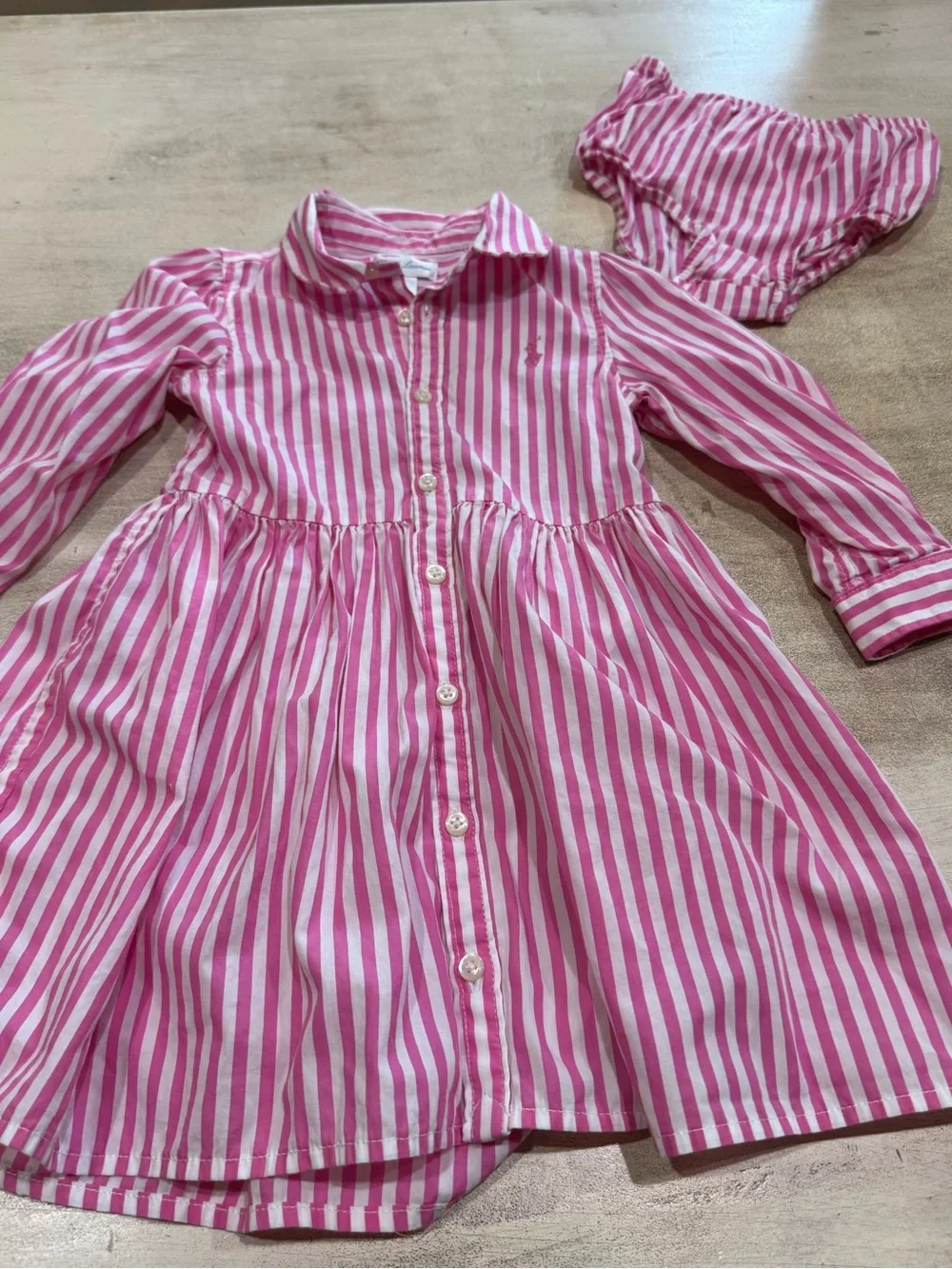 Ralph Lauren 2-Piece Pink White Striped Dress & Bloomers Set 18M Cotton Logo
